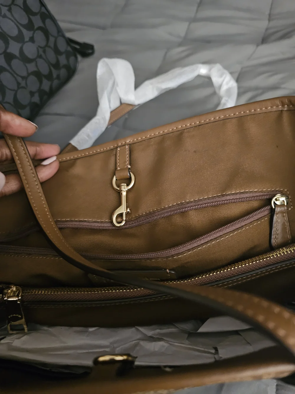 Coach Brown Signature Canvas Shoulder Tote with Tan Leather Trim